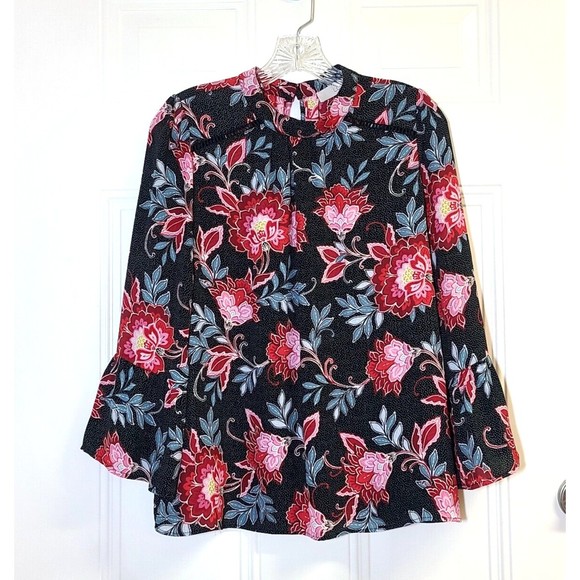 LOFT Floral Garden Bell Sleeve Multicolor Blouse Mock Neck Size S Retro Keyhole - Picture 1 of 16